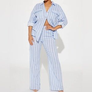 Fashion Nova Light Blue Striped Pants & Shirt Set